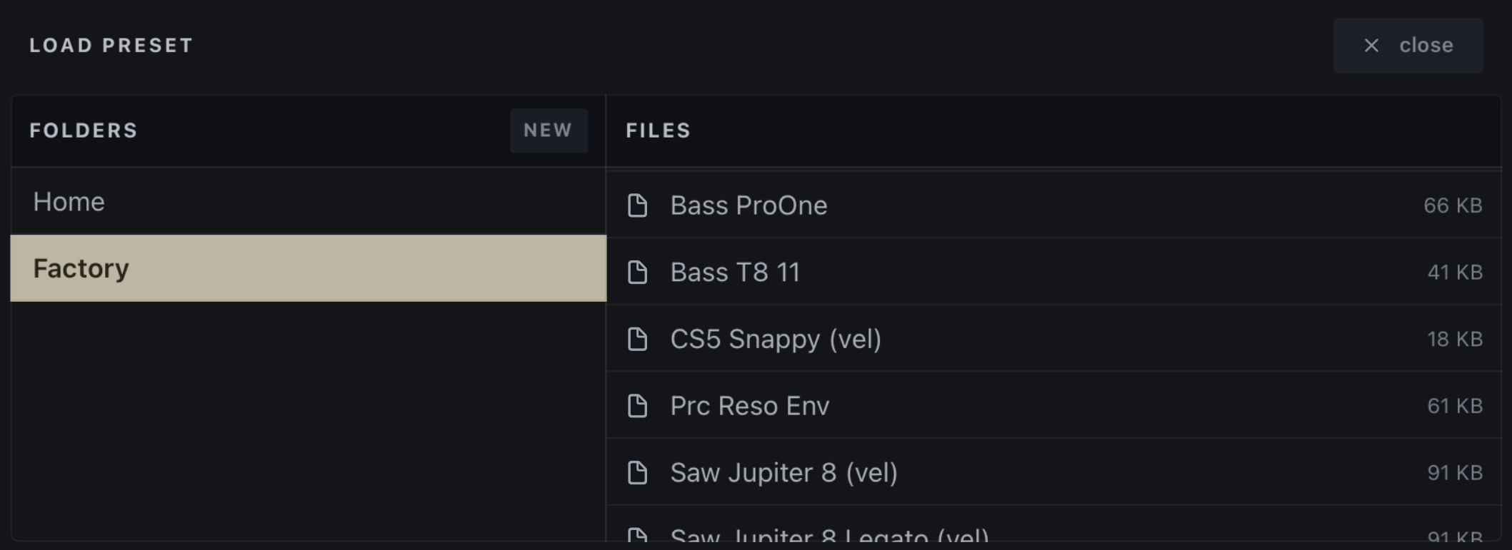 Load preset dialog