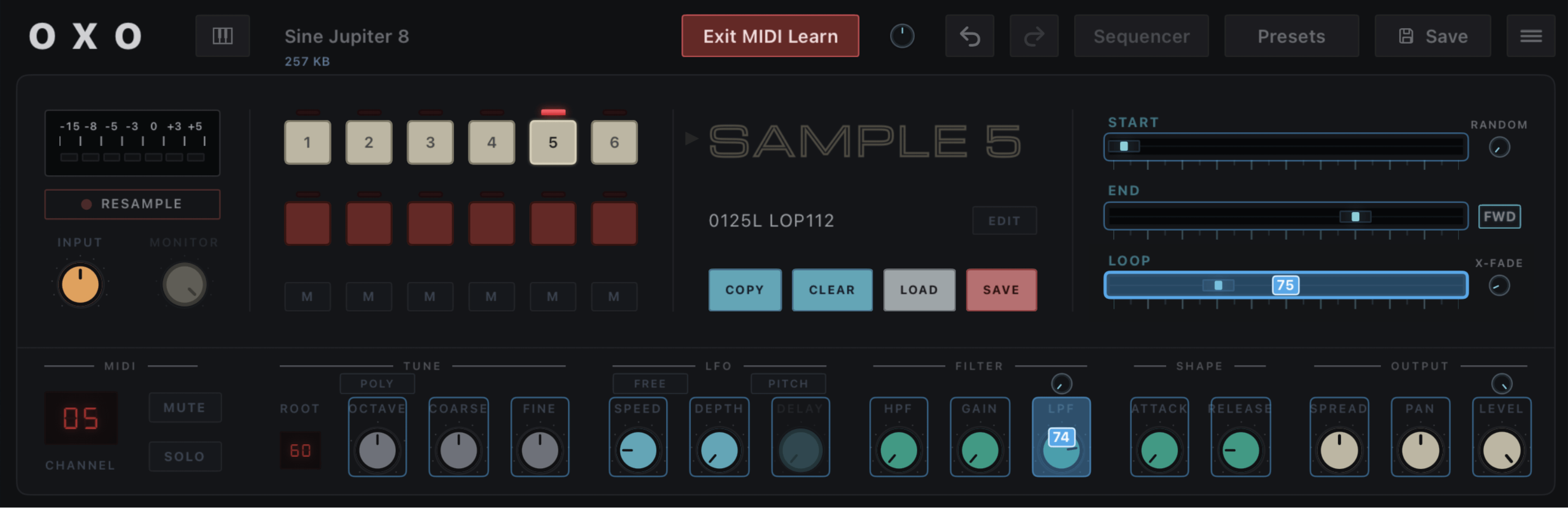 Oxo Sample panel in MIDI Learn mode