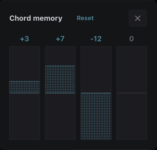 Chord memory dialog with the +3, +7 and -12 intervals