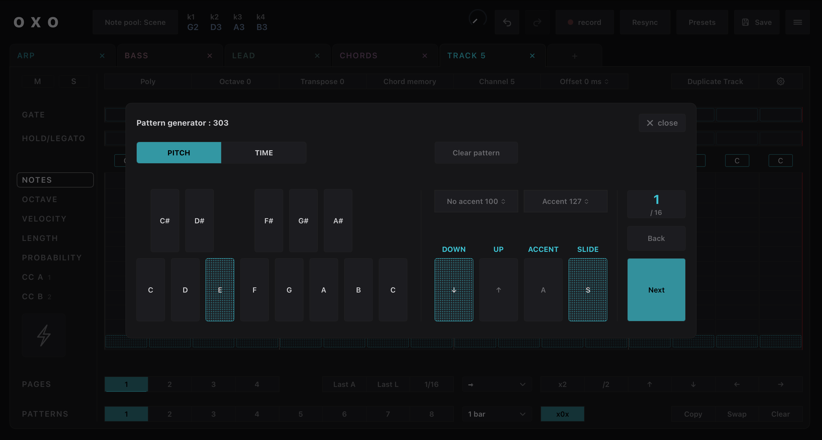 Oxo Steps pattern generator: 303 dialog