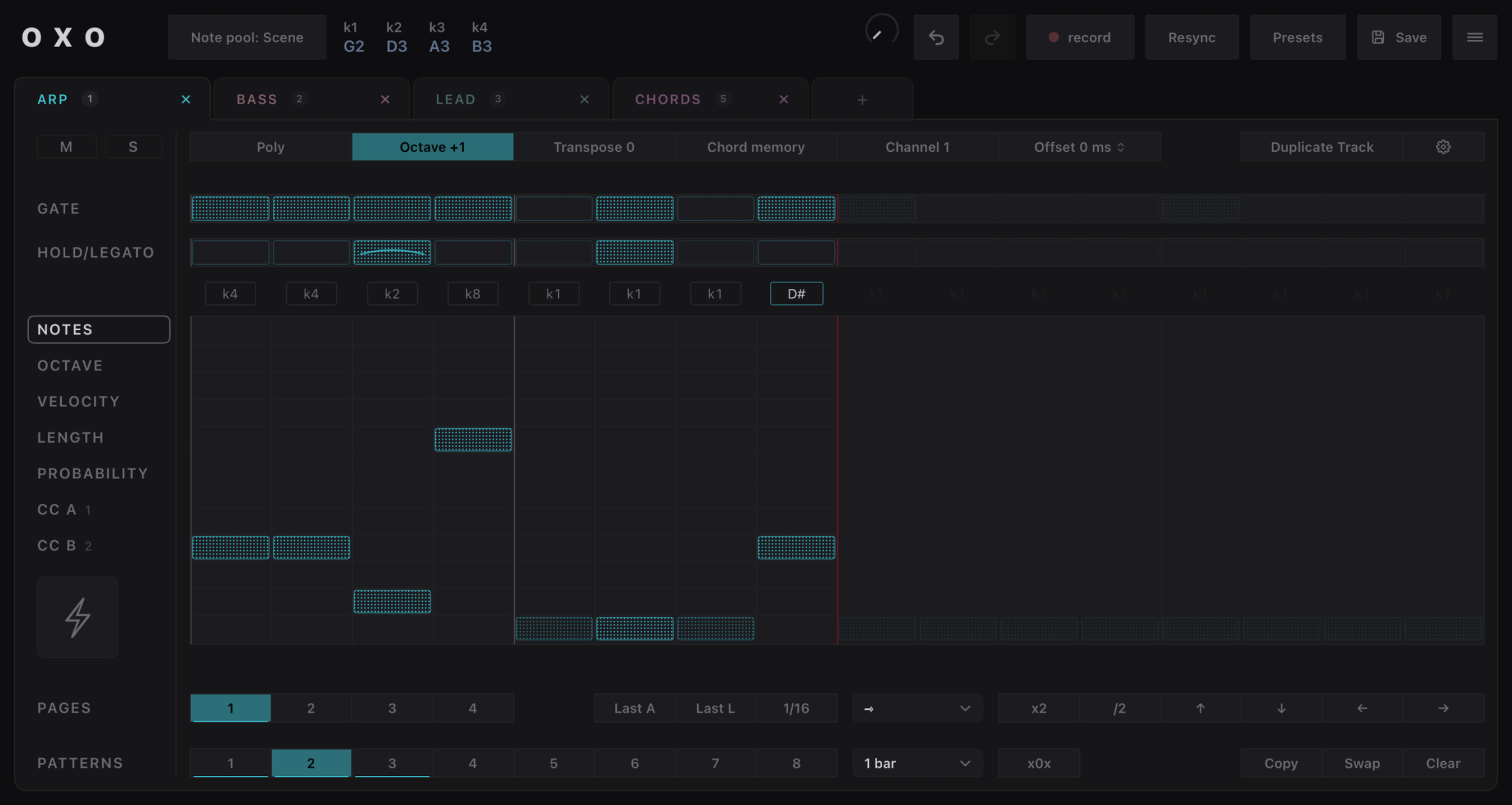 Oxo Steps sequencer: tracks, lanes, pages and patterns
