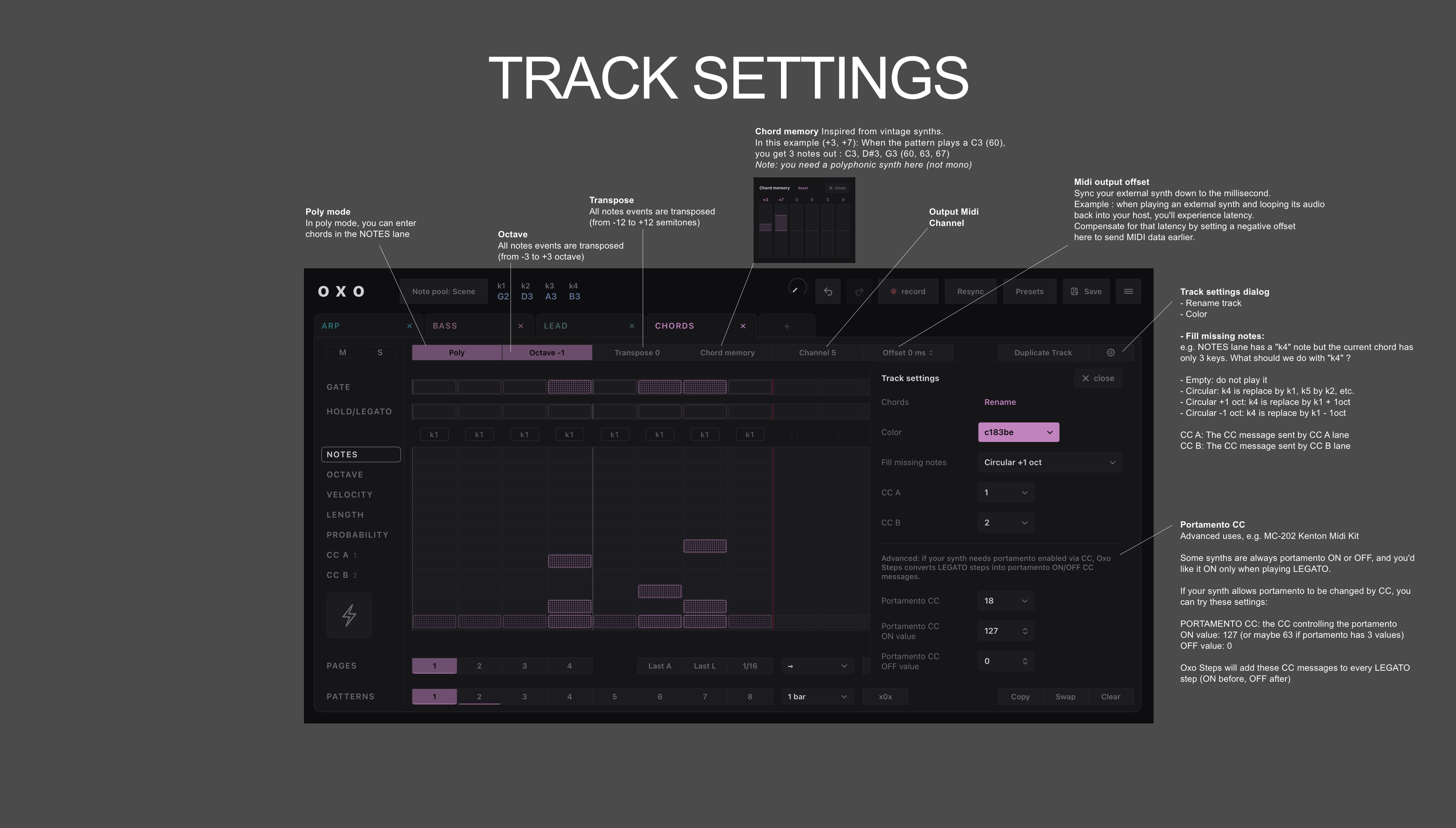 Oxo Steps manual screenshot: track settings page
