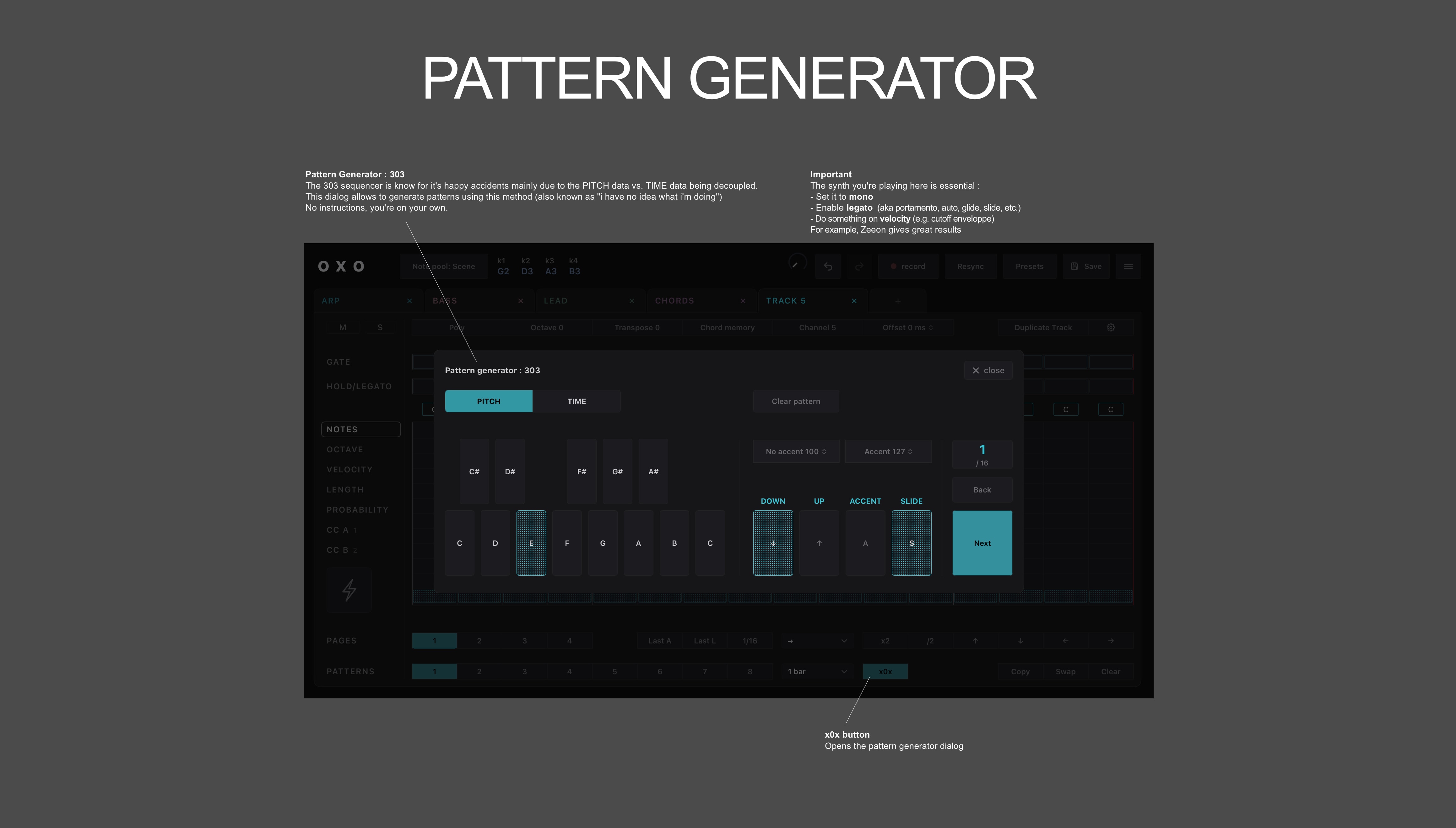 Oxo Steps manual screenshot: pattern generator page