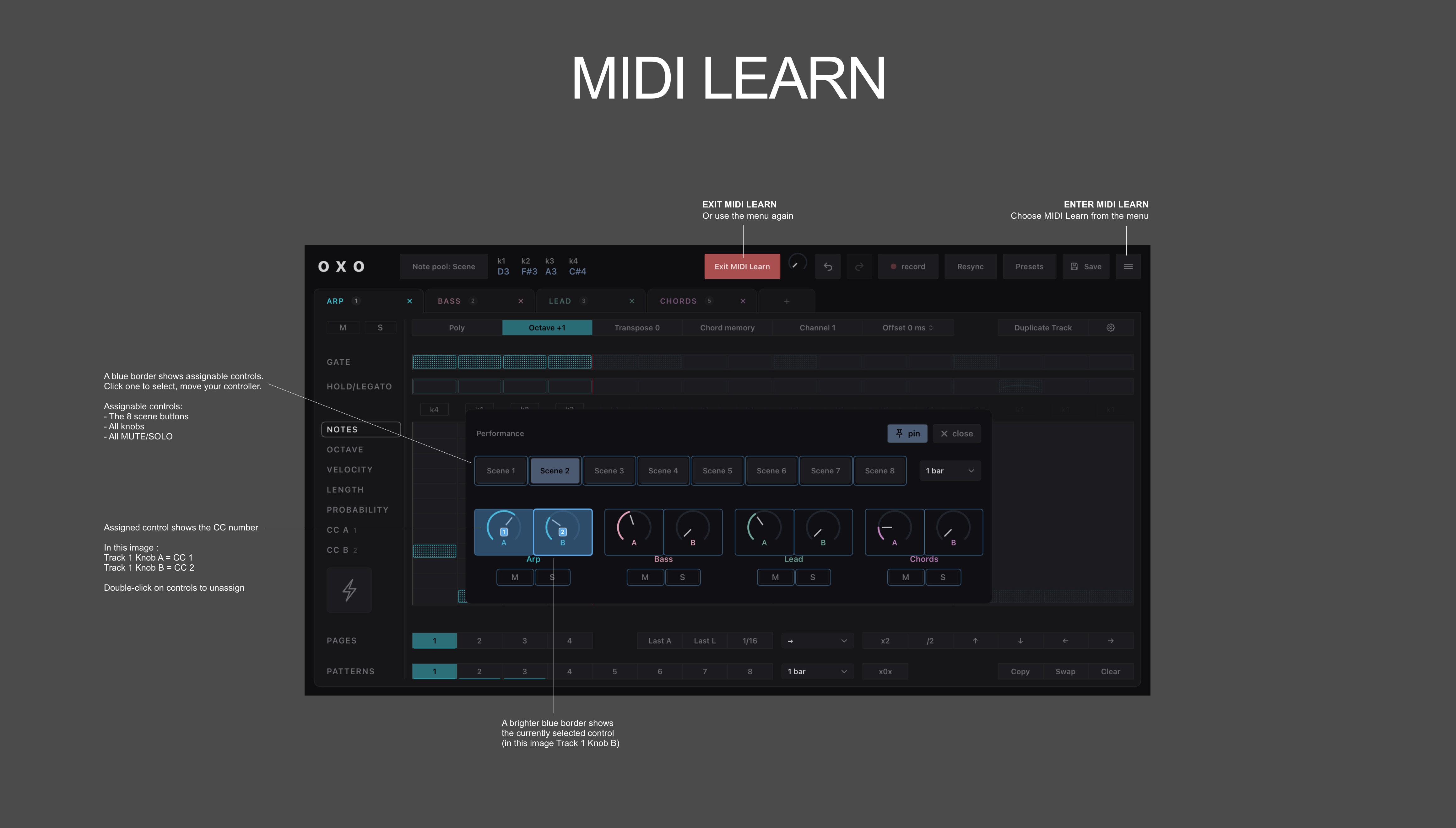 Oxo Steps manual screenshot: midi learn page
